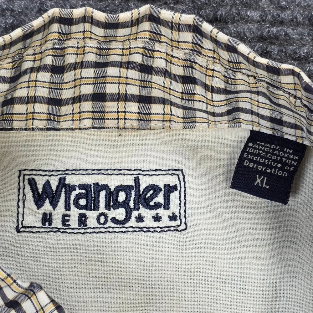 Wrangler Hero Button Down Shirt Men's‎ Size XL Navy Yellow Plaid Short Sleeve
